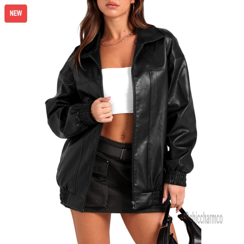 Oversized Faux Leather Motorcycle Jacket, Women's Bomber Coat, Winter Fashion